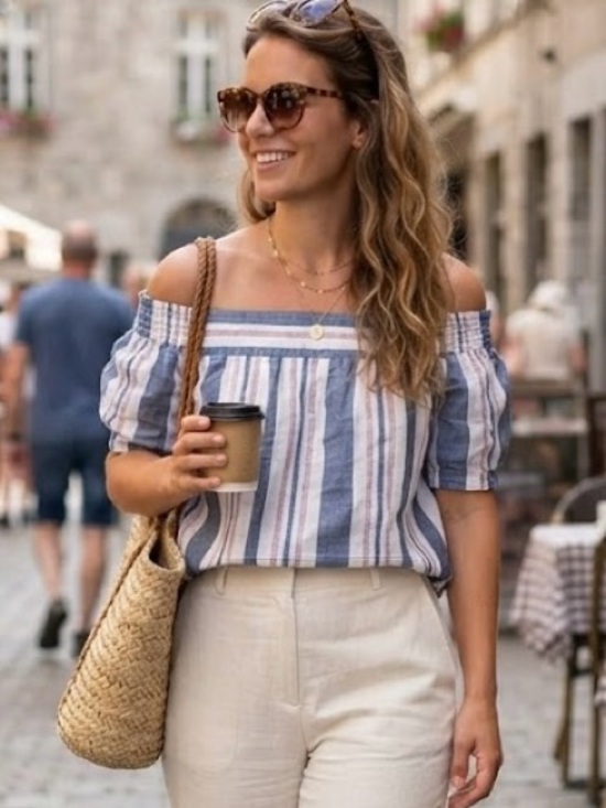 Reitmans Tops - Reitmans Striped Off-the-Shoulder Linen Blend Blouse Coastal Boho Lightweight